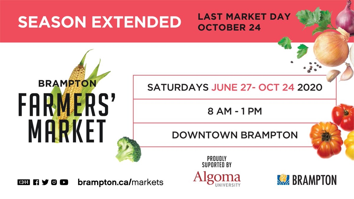 Tomorrow is the final day of the Brampton Farmers' Market for the 2020 season!

Pick up fresh 🍎🍑🍓 and more in downtown Brampton from 8am-1pm. Be sure to follow the health and safety measures we have in place, including wearing a mask. Learn more: brampton.ca/markets