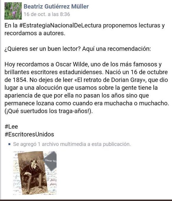 josehomero's tweet photo. La Doctora regresa para compartirnos su gran sabiduría y revelarnos que Oscar Wilde no era irlandés sino “estadunidense” y que además dio origen a la palabra “traga-años”. Cuántos errores en tan pocas frases, lo bueno es que sabe escribir. https://t.co/zC0xVwxfUb