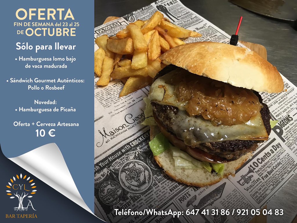 AutenticosCyL's tweet photo. Subimos oferta fin semana de viernes 23 octubre-25 octubre y solo para llevar:
- Hamburguesa lomo bajo vaca madurada.
- Sándwich Gourmet Auténticos: Pollo o Rosbeef.
- Novedad: Hamburguesa de Picaña.
👉 Oferta + Cerveza artesana: 10€
👉Teléfono/Whas: 647 41 31 86 / 921 05 04 83 https://t.co/JLErqIT4yY