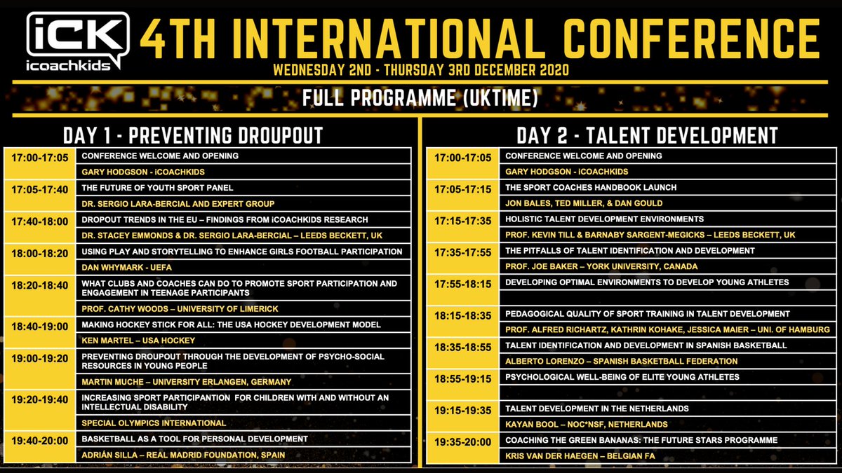 FULL CONFERENCE PROGRAMME | Take a look at the full programme for the 4th International iCoachKids Conference.

Places are now going fast, so sign-up while you can:
bit.ly/2SFVE2E

Like and Retweet to grow the Global Movement!