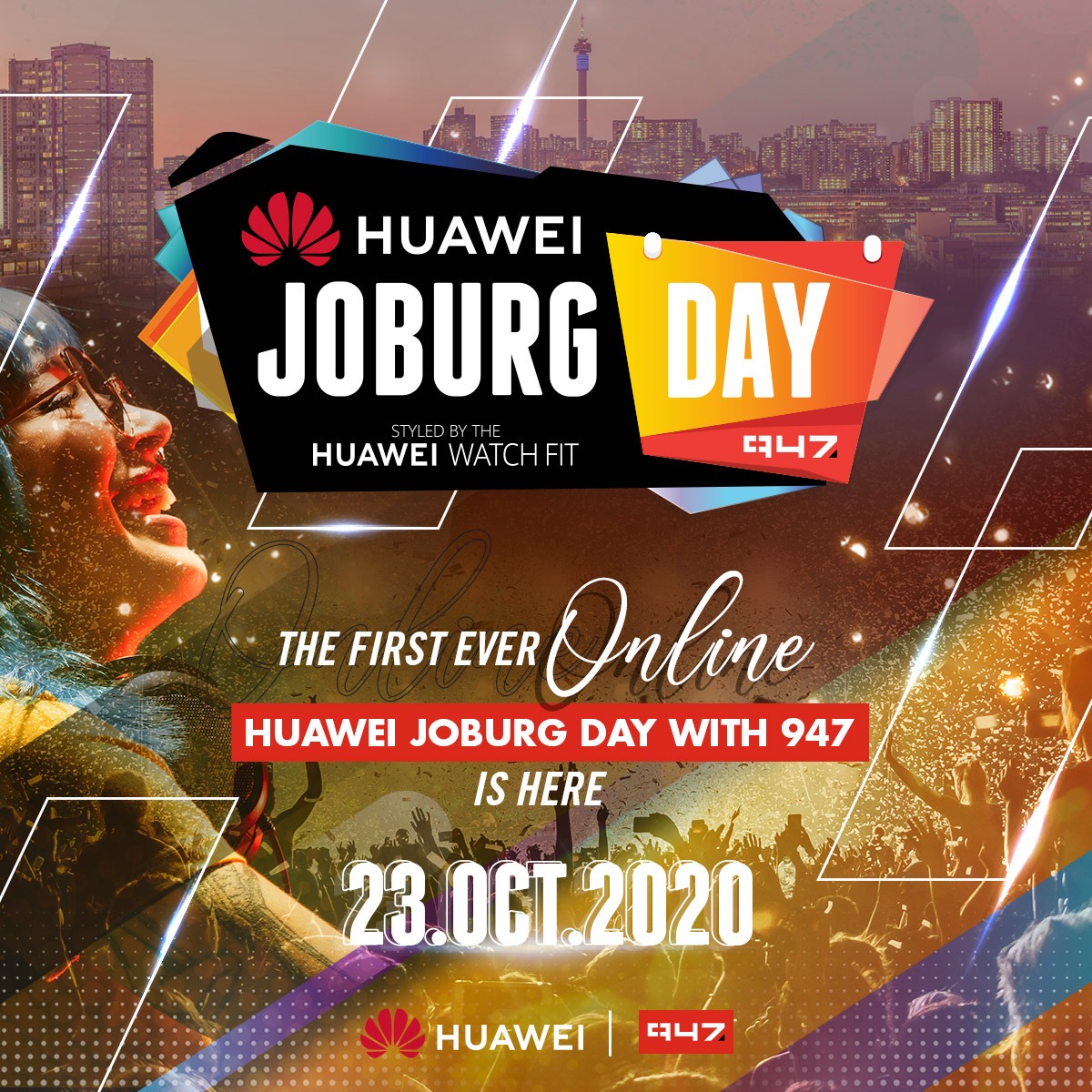 947's tweet photo. WELCOME TO THE FIRST EVER
ONLINE #HuaweiJoburgDay, Styled by the #HuaweiWatchFit and @HuaweiZA #StyleUpYourFitness #947JOBURG! 

LET'S PARTY 🥳 https://t.co/NCqe6mcR65