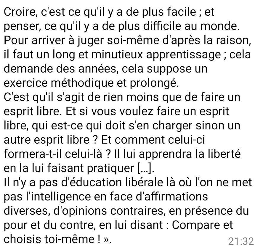 FaycalJelil's tweet image. Texte Ferdinand BUISSON, directeur de l&apos;enseignement primaire 1878-1896.
&quot;Le premier devoir d&apos;une République est de faire des républicains ; et on ne fait pas des républicains comme on fait un catholique. Pour faire un catholique, il suffit de lui imposer la vérité toute faite&quot;
