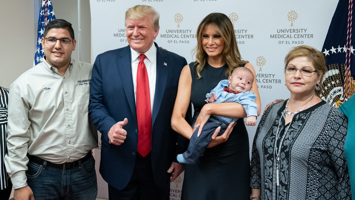 Then there was the time he gave a smiling thumbs up with a baby whose parents had been orphaned in the El Paso mass shooting