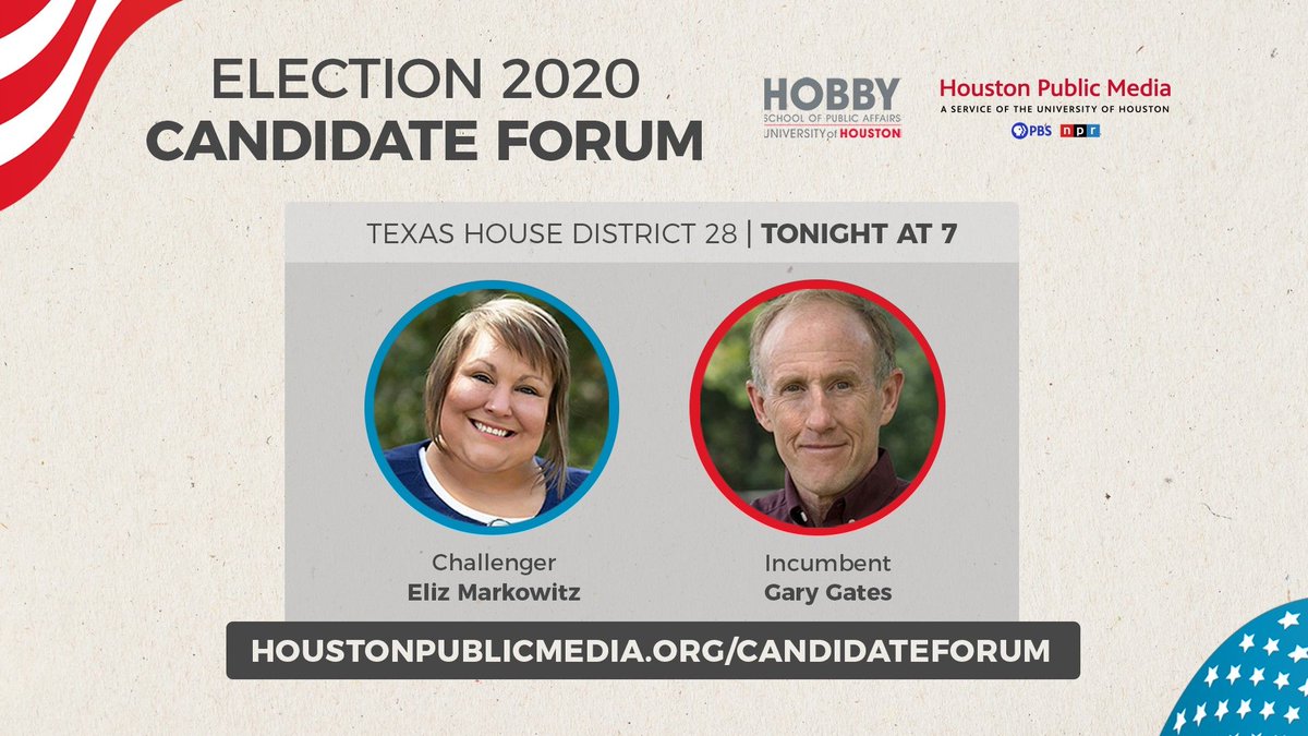 HoustonPubMedia's tweet photo. TONIGHT AT 7PM: Houston Public Media and @hobbyschooluh present "The Election 2020 Candidate Forum". @GatesforTexas and @ElizMarkowitz answer questions on issues important to you. ๐บ WATCH on https://t.co/b8bYmwv4RL ๐ป LISTEN on News 88.7. https://t.co/5B5SK6spa8 https://t.co/IXHt9yWnvp