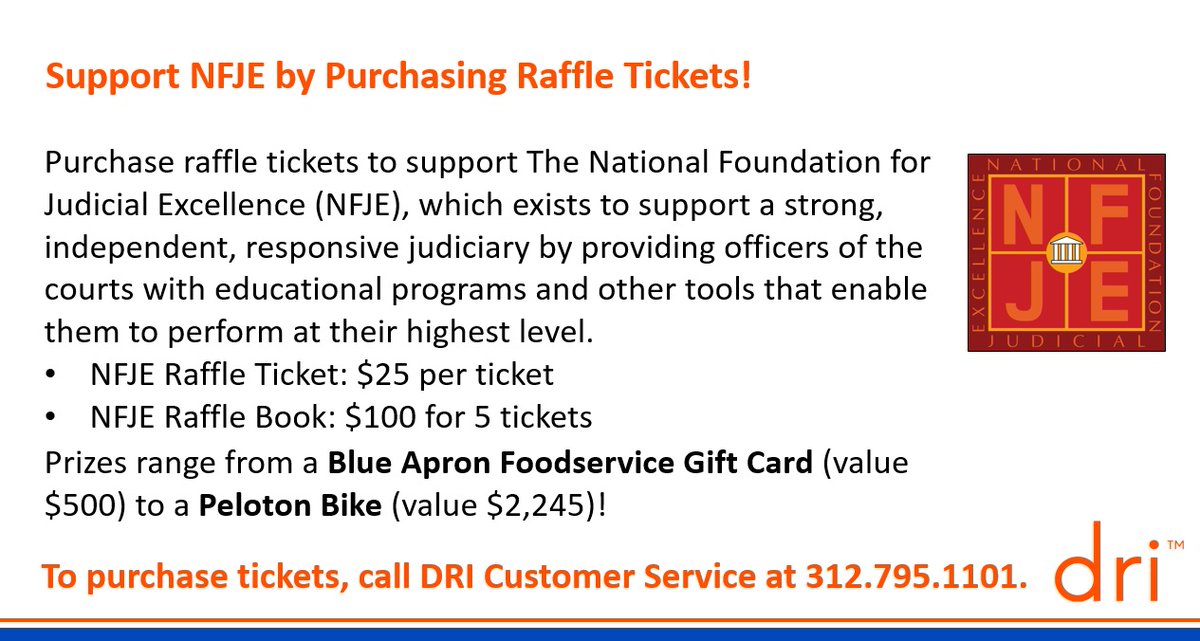 DRICommunity's tweet photo. Support @nfje_net by purchasing raffle tickets during #DRIVAM! Raffle prizes include a Blue Apron gift card and a Peloton Bike! #DRImeansbusiness #DRILawyer https://t.co/oHyGSIxoD1