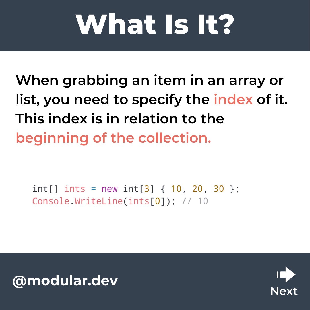 dev_modular's tweet photo. Tired of using Array.Length - 1 or List.Count - 1 to get to the last item in an array/list? Use Index From End to get reference from end of collection.
#csharp #csharpdotnet #dotnet #dotnetcore #aspnet #aspnetcore #coding #programming #csharpprogramming https://t.co/1m4VaD5YDa