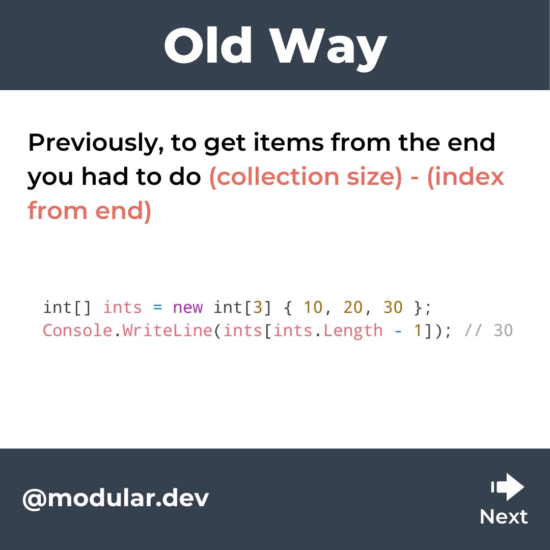 dev_modular's tweet photo. Tired of using Array.Length - 1 or List.Count - 1 to get to the last item in an array/list? Use Index From End to get reference from end of collection.
#csharp #csharpdotnet #dotnet #dotnetcore #aspnet #aspnetcore #coding #programming #csharpprogramming https://t.co/1m4VaD5YDa