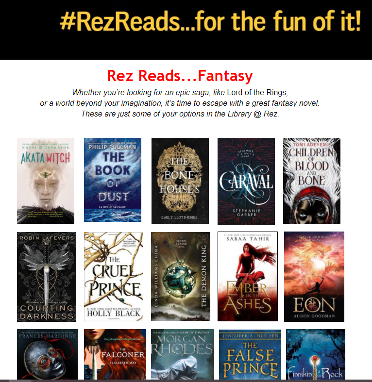 rcsslibrary's tweet photo. This week's #RezReads themed list...Fantasy!  Check it out with your school login: https://t.co/I7Dsrwv9Zo
@ResCSS https://t.co/lDckHIKI8P