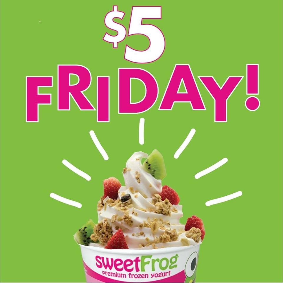 sweetFrogSoBend's tweet photo. NO WEIGH  $5 Friday (12 oz)!!  We have lots of Fall flavors to try!!  (sweetFrog South Bend store only!  Cannot be combined with other coupons/offers.)😋🐸❤️ #sweetfrogsb #noweigh12oz #sweetTreat #sweetfrogsouthbend https://t.co/FbYCkUbOBV