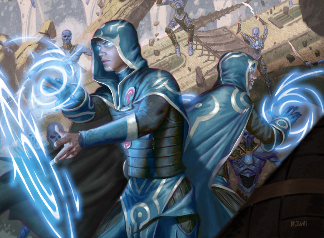 deschampsart's tweet photo. Spark Double. Two identical Jaces weave blue magic to hold off their enemies. I’d love to do a Jace planeswalker card one day. The Zombie Jace I did doesn’t count!
#mtgart #mtgartist #MagicTheGathering #planewalker https://t.co/gMKIf8Ptk4