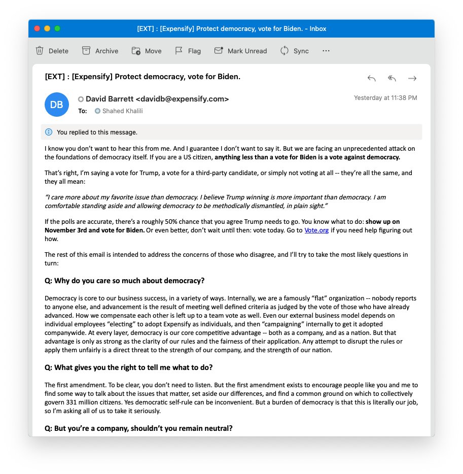 Much respect to CEO of <a href="/expensify/">Expensify</a>, <a href="/dbarrett/">David Barrett</a> for putting his values ahead of profits. Our world needs more CEOs that manage #TripleBottomlLine. I received this extra ordinary email as a customer of theirs. Demands respect. #democracy #ConsciousCapitalism
