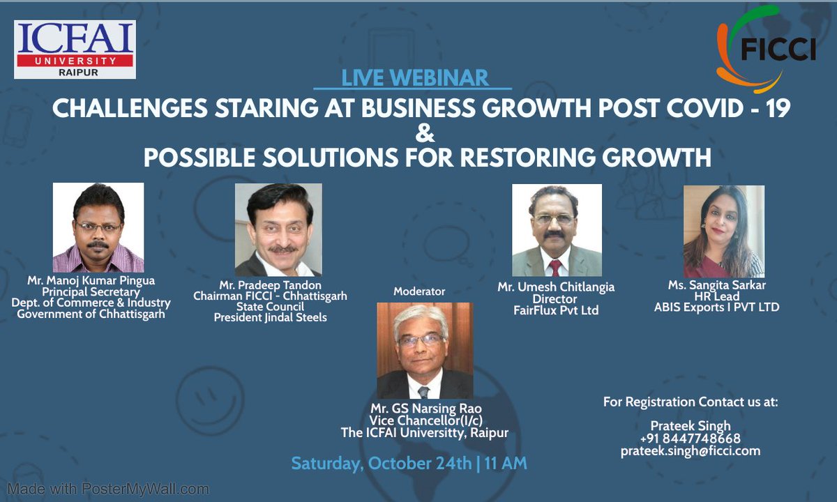 FICCI Chhattisgarh State Council, jointly with ICFAI Raipur, is organizing a webinar on 'Challenges Staring at Business Growth post-COVID-19 & possible solutions for restoring growth on 24 October 2020 at 11 AM. To attend, write at prateek.singh@ficci.com. https://t.co/FYmlv2EZN2