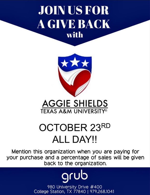 AggieShields's tweet photo. TODAY‼️COME EAT WITH US AND HELP US PROVIDE TEXTBOOKS FOR STUDENT VETERANS! 

#profitshare #tamu21 #tamu22 #tamu23 #tamu24 #howdy #tamuorganization #collegestation  #gigem #goodbull #Aggies #tamuvrsc #tamuveterans #tamudependents #gigem #bthocovid #maroonandwhitegrub https://t.co/HzlIs0fVrp