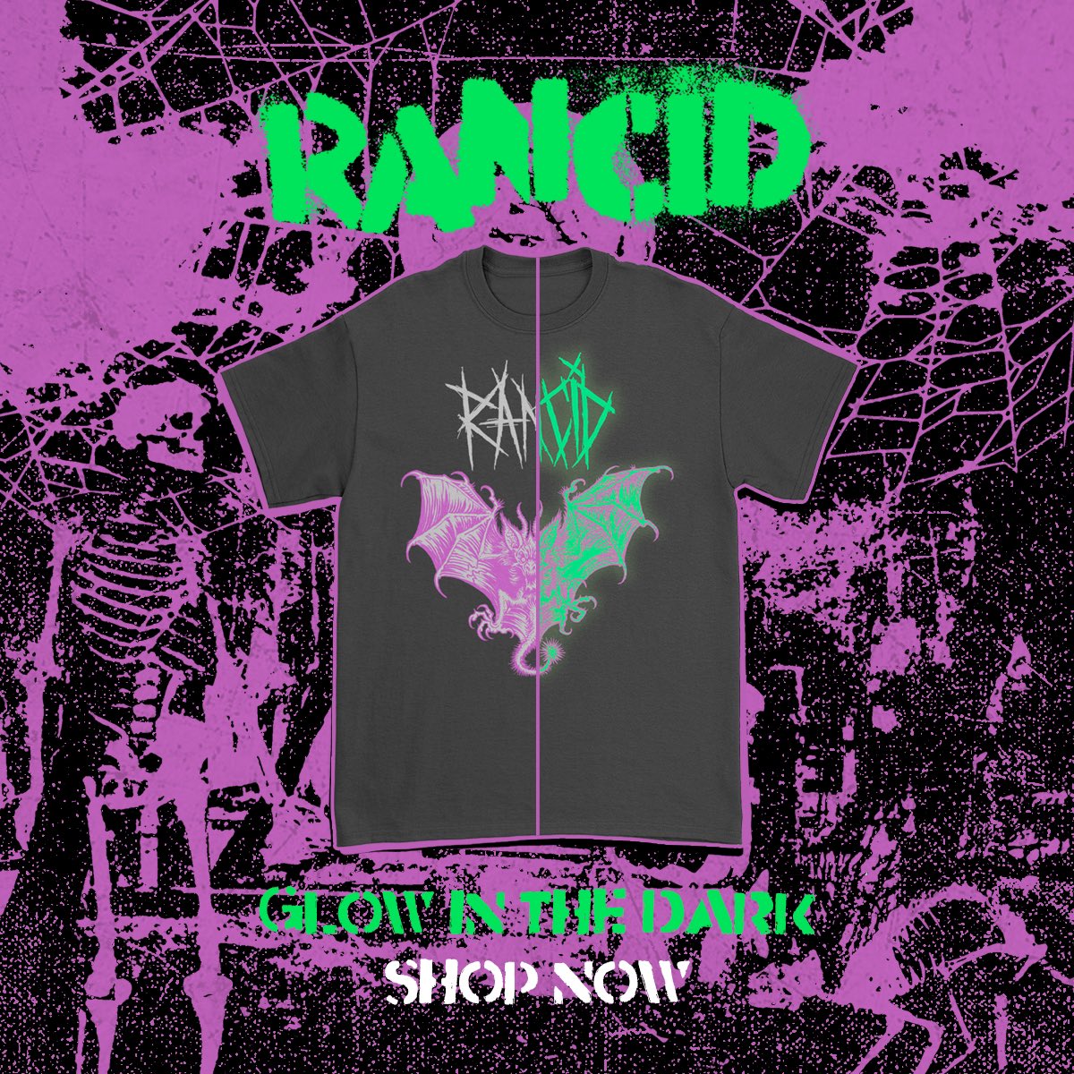 Rancid's tweet photo. We re-worked one of our favorite designs from the vaults.  Limited glow in dark tee available NOW!   🎃☠️ https://t.co/c6aR9eJAoB https://t.co/s4409g4tqq