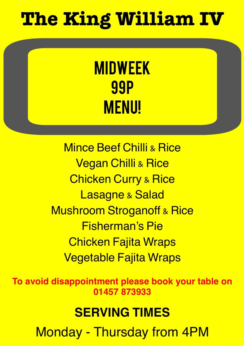 Introducing our new midweek menu. Any of these meals for only 99p! Please book a table to avoid disappointment on 01457 873 933. Our normal menu will be served during the weekend. #midweekdeal #saddleworth #greenfieldvillagesaddleworth #ninetyninepencemenu