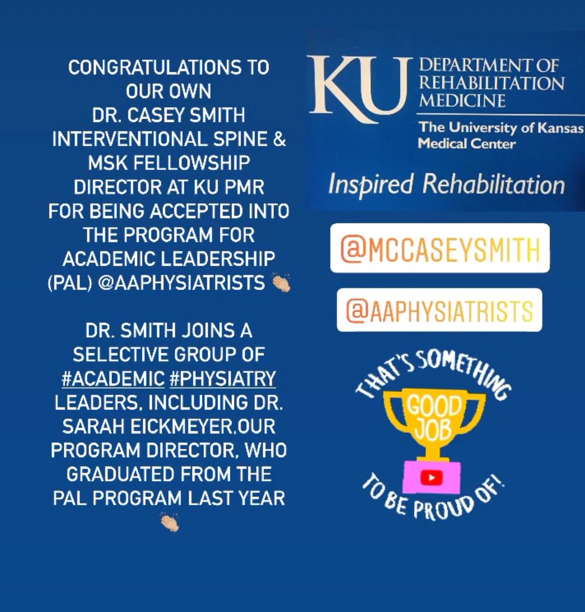 KU_PMR's tweet image. Congratulations to our own @McCaseySmithMD Interventional Spine &amp;amp; MSK fellowship director @KU_PMR for being accepted into the Program for Academic Leadership (PAL) @AAPhysiatrists 👏🏼 💪🏻 🙌🏻 #KUmed #KUGME