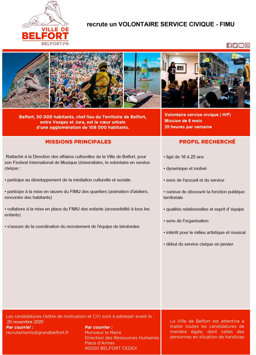La Ville de Belfort propose deux services civiques pour le FIMU 2021 ! Toutes les infos sur les missions et pour postuler ici 👉 fimu.com/travailler-au-…

#servicecivique #festival
