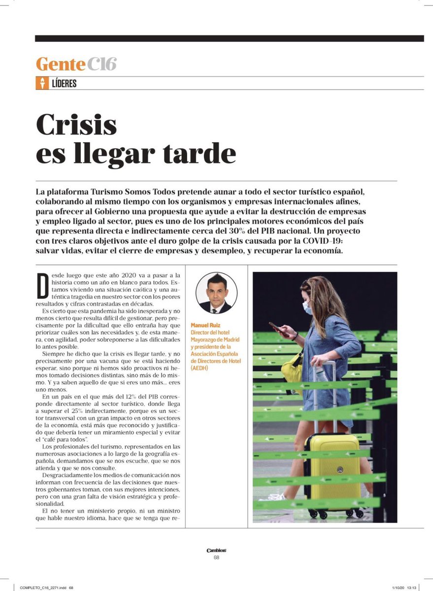 MANUELRUIZSOTI's tweet photo. Un placer compartir con Cambio16 Diario Digital la dramática situación del turismo en España, uno de los principales activos en la economía del país y que si no apoyamos hará muy complicada la recuperación económica de este país.
@AEDH_MADRID #turismosomostodos https://t.co/oLOtfdAwD8