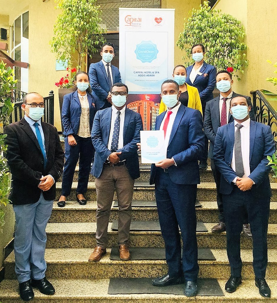 Safehotels's tweet photo. Congratulations to the Capital Hotel &amp; Spa in Addis Ababa – the first hotel in Ethiopia to achieve CovidClean™ Certification.

Pictured: Mr.Tewodros Derebew from the Ethiopian Ministry of Culture and Tourism with Mr Bantayehu W/Michael and his management team. https://t.co/vYvHCsXvUL