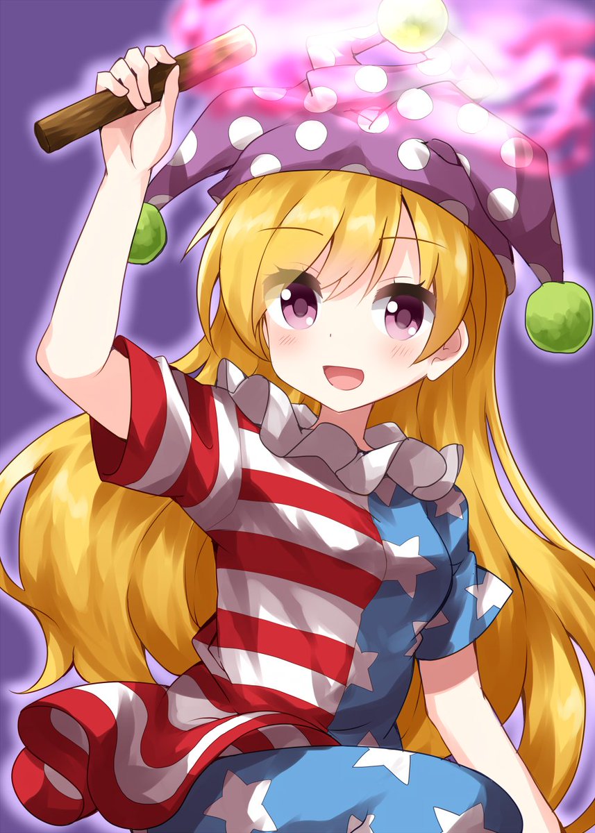 clownpiece 1girl solo long hair hat blonde hair open mouth short sleeves  illustration images
