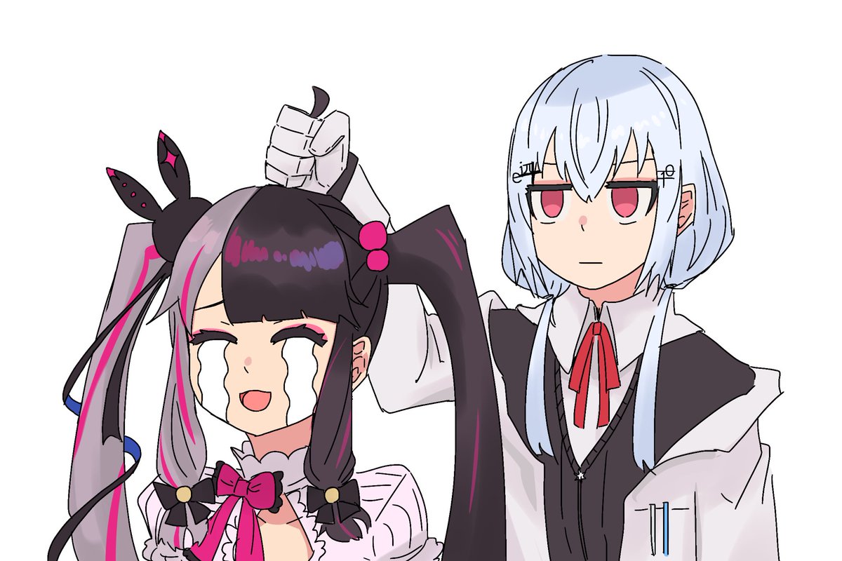 2girls multiple girls twintails black hair crying ribbon white background  illustration images