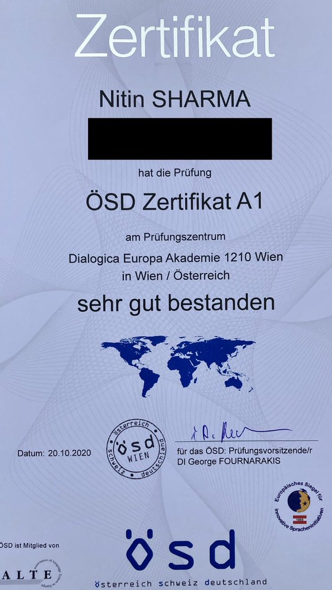 ndnitin's tweet photo. Cleared German language A1 Level exam with “sehr gut bestanden”. Got 94 out of 100, didn’t expect that :-) https://t.co/m0HzHkD3kG