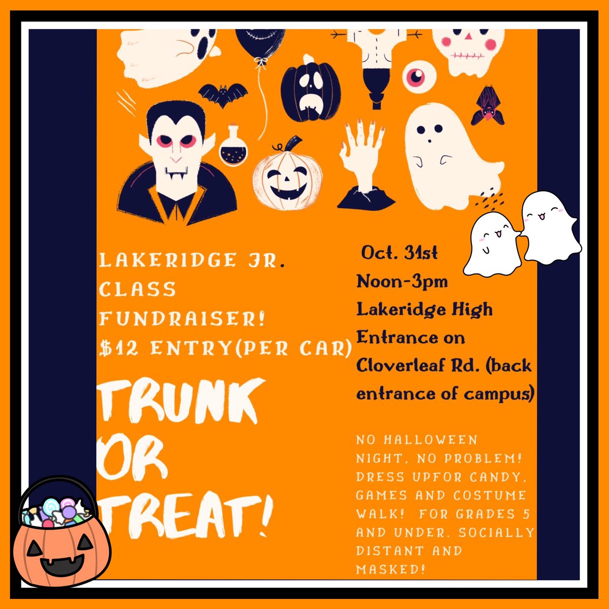 LHS will still be holding their annual Halloween night fundraiser for grades 5 and under this year! Due to Covid precautions, it will be a drive-thru this year. There will be fun socially distanced games, surprises, and lots of candy!
LHS Oct. 31st, 12-3pm FOR $12 A CAR!🎃👻🧡