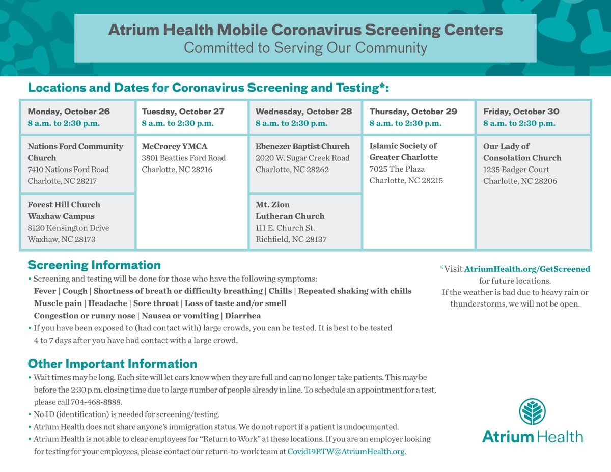 CCP_Prevention's tweet image. @AtriumHealth&apos;s mobile Coronavirus screening and testing sites next week, October 26 – 30, 2020  #CarolinaCARES #SyphilisTesting #ccp #charlotte #talkHIV