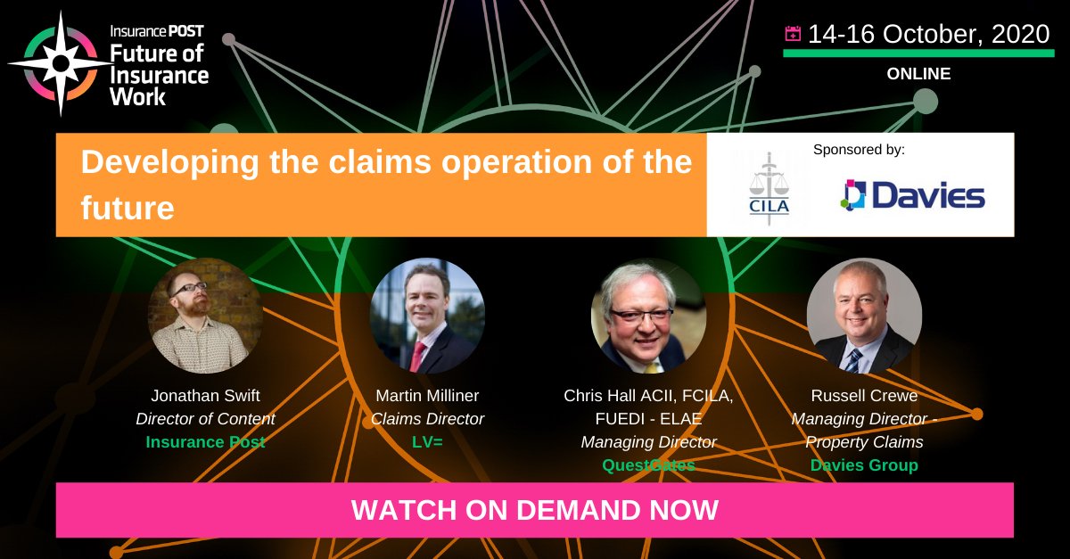 Insurance_Post's tweet photo. Catch up on our developing the claims operation of the future session on demand now! Sponsored by @Davies_Group and @cila
Watch now: https://t.co/UKyGwr9l9Y #FOIW https://t.co/YsxdZU8umy