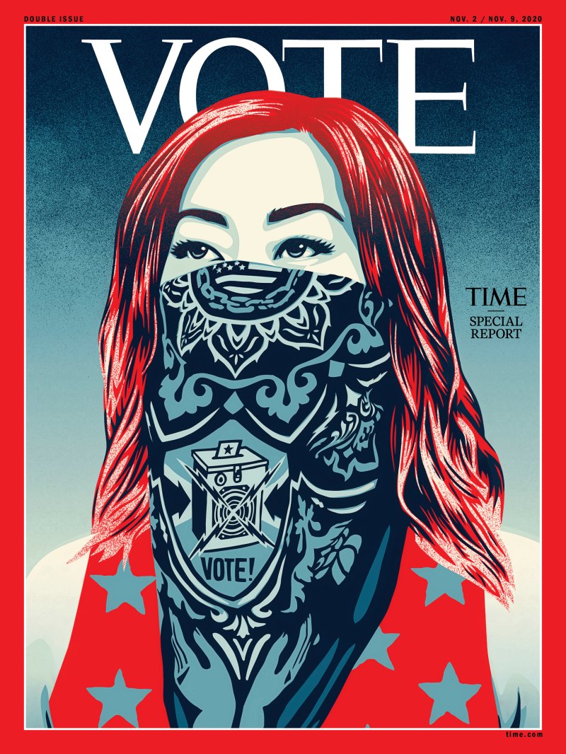 TIME magazine replaces their logo to VOTE. A first, in their ~100 year history. Shepard Fairey designed the cover. (An American street artist worth exploring.) If you're American and flustered with navigating voting bits, VOTE magazine made you a guide: time.com/5901749/how-to…