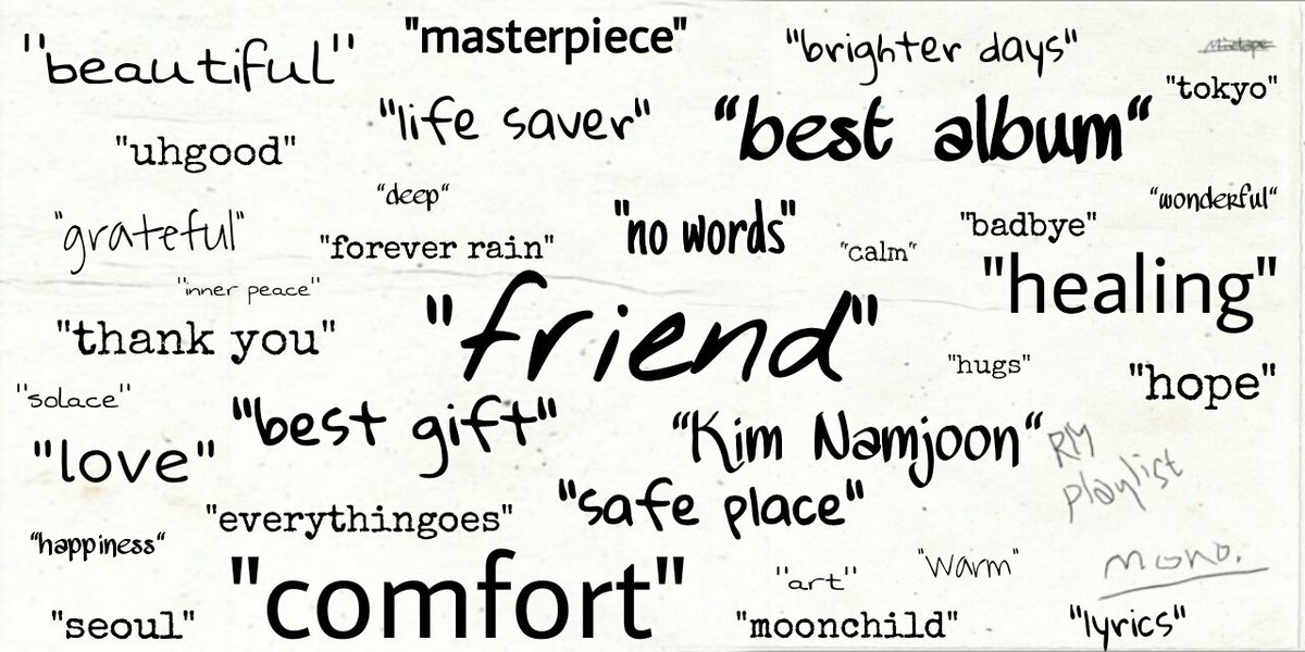 lovesknjoonie's tweet photo. Seeing all your tweets for #RMonologue made me realize how huge impact Mono have. It helped many people(just like me). So while reading your stories and loved for the album, i notice words that are repeatedly used in each tweets. And there are the words: โฌโฌ๐๐ https://t.co/Rbr1DgDOEL