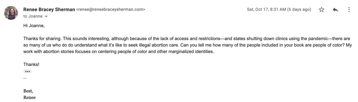 The email I received from Joanne about the book BACK ROOMS was pretty standard, so it got my standard reply, which is "Can you tell me how many folks of color are included?" I also addressed her assumption that young people don't know what illegal abortions are like.Simple.