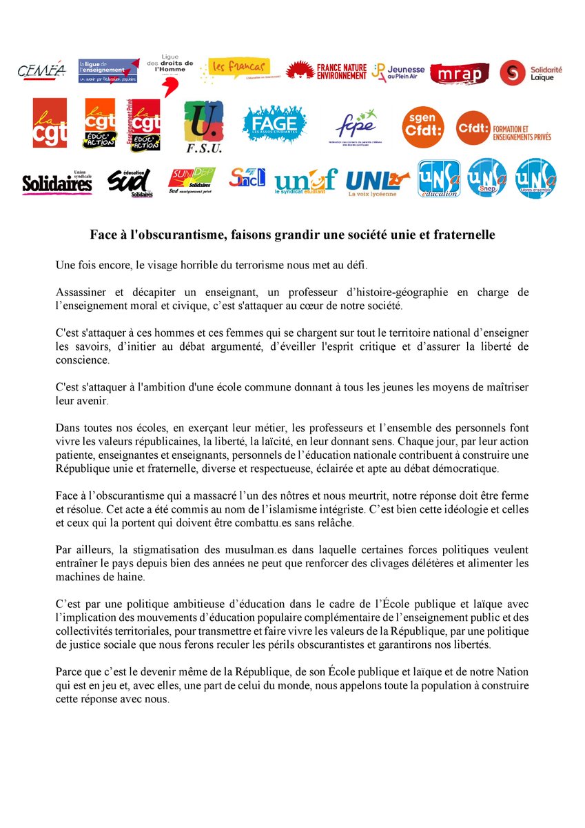 FrancasFede's tweet photo. "Face à l'obscurantisme, faisons grandir une société unie et fraternelle", @FrancasFede signataire du communiqué commun associations d'éducation populaire, syndicats, parents d'élèves, lycéens et étudiants https://t.co/TrU4BOxlnq