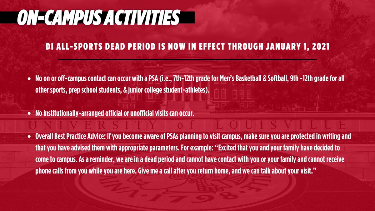 CARDScompliance's tweet image. 🚨 Coaches &amp;amp; Staff 🚨

If you know of a PSA coming to visit The Ville on their own or attending a campus tour through the Admissions Office, please keep these guidelines in mind during the Emergency Dead Period. 

#AskBeforeYouAct