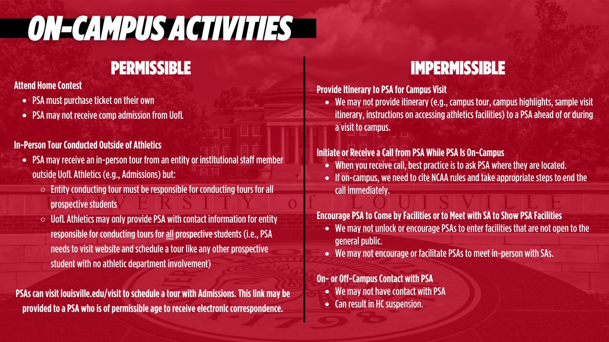 CARDScompliance's tweet image. 🚨 Coaches &amp;amp; Staff 🚨

If you know of a PSA coming to visit The Ville on their own or attending a campus tour through the Admissions Office, please keep these guidelines in mind during the Emergency Dead Period. 

#AskBeforeYouAct