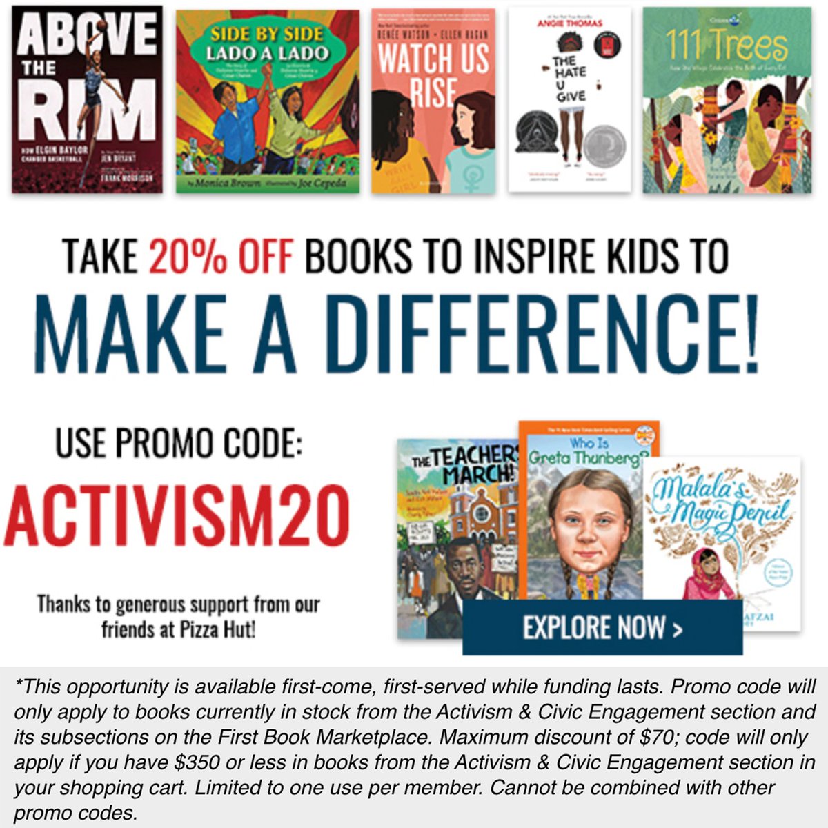 FirstBookMarket's tweet photo. 🎉 #FirstBookCommunity: To show our gratitude, we're celebrating National Make a Difference Day early with 20% off* Activism and Civic Education books!

Use promo code ACTIVISM20 ➡️ https://t.co/fMnakqXbLi

[*See image below for complete offer details.] https://t.co/xsJCCXsa1H