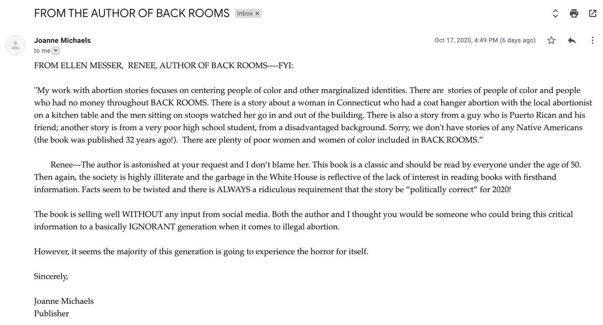 What she said was disgustingly racist. Imagine thinking that asking about the inclusion of people of color is not factual and a "ridiculous requirement" in 2020. Not to mention, they seem to think people of color weren't getting abortions prior to 1973. We're erased from history.