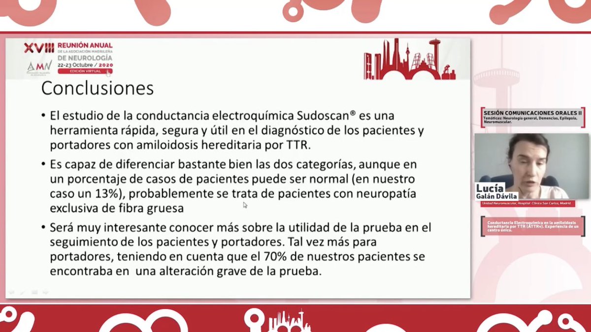 AMNneuromadrid's tweet photo. La doctora @lucia_galan del Clínico nos habla de la utilidad del #sudoscan en la monitorización de la #amiloidosis hereditaria por #transtiretina #18AMN ¡enhorabuena por el excelente trabajo! @AMNneuromadrid https://t.co/le4tiH5Nln
