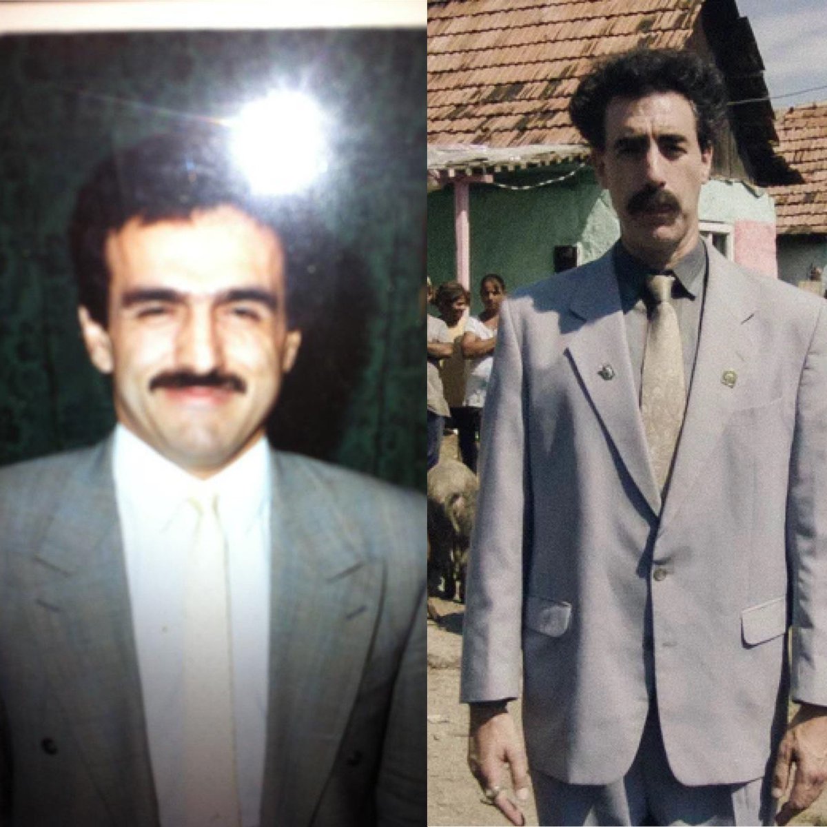 One is a picture of my dad in the 70s the other is <a href="/SachaBaronCohen/">Sacha Baron Cohen</a> as <a href="/BoratSagdiyev/">Borat</a>. I love to dig this out anytime #Borat is in the media #VERYNICE