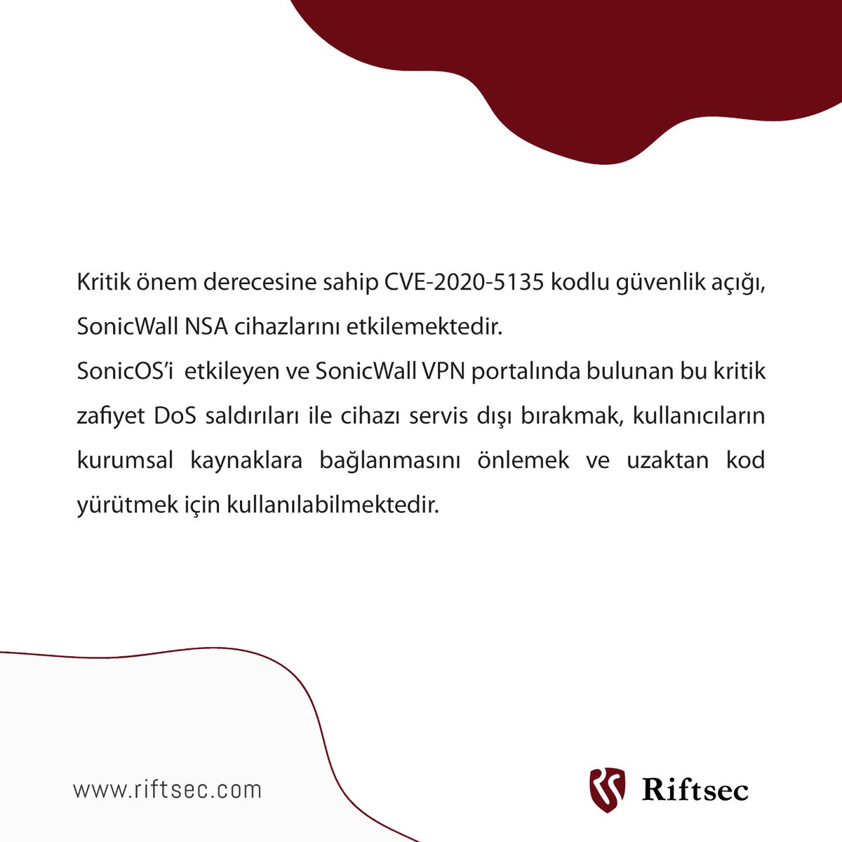 riftsec's tweet photo. SonicWall Cihazlarda Kritik DoS &amp; RcE Zafiyeti #sonicwall #dos #vulnerability https://t.co/VTLk2g6n2r