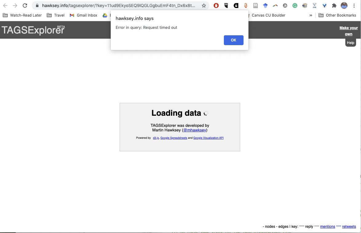 JeremiahOsGo's tweet image. I&apos;ve recently been getting these &quot;timed out&quot; issues when trying to visualize Tweets in #TAGSExplorer. Wondering if you might have some insight on what&apos;s going on and potential fixes, @mhawksey? The #TAGS sheet is shared (as &quot;viewable&quot;). Other thoughts? GSheets too big? Thanks!