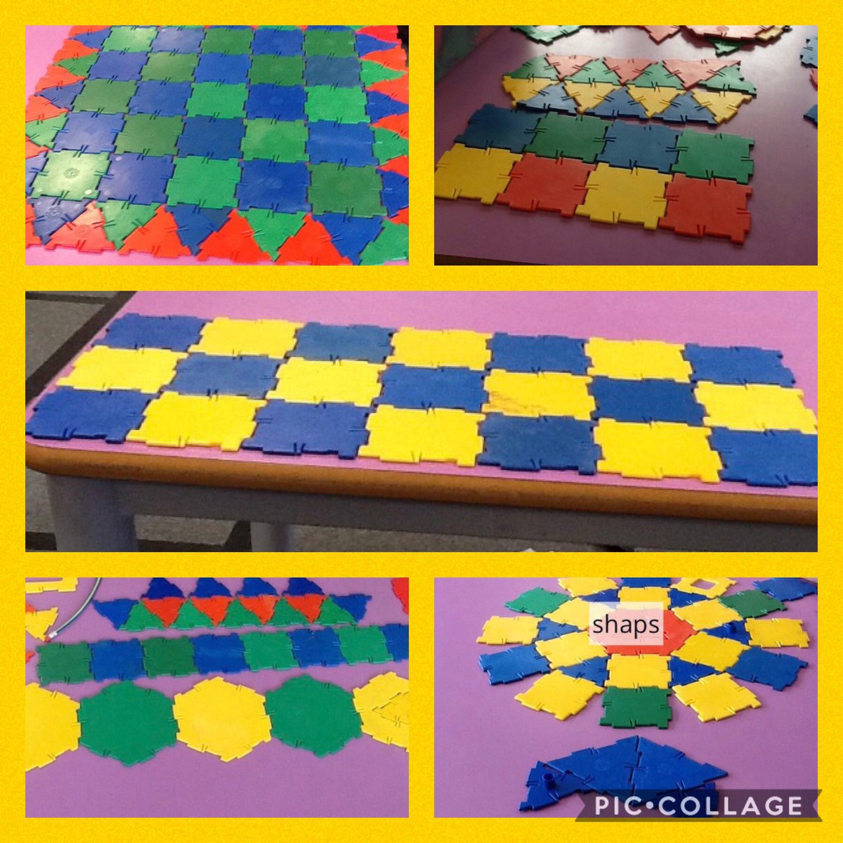 Comet_class's tweet photo. Ending a week of learning about 2d shapes by making tessellating patterns. The children then independently photographed them to put in their seesaw files. Da iawn pawb! #outermaths #safe #2dshapes #healthyconfidentindividuals https://t.co/94MsV1jBlk