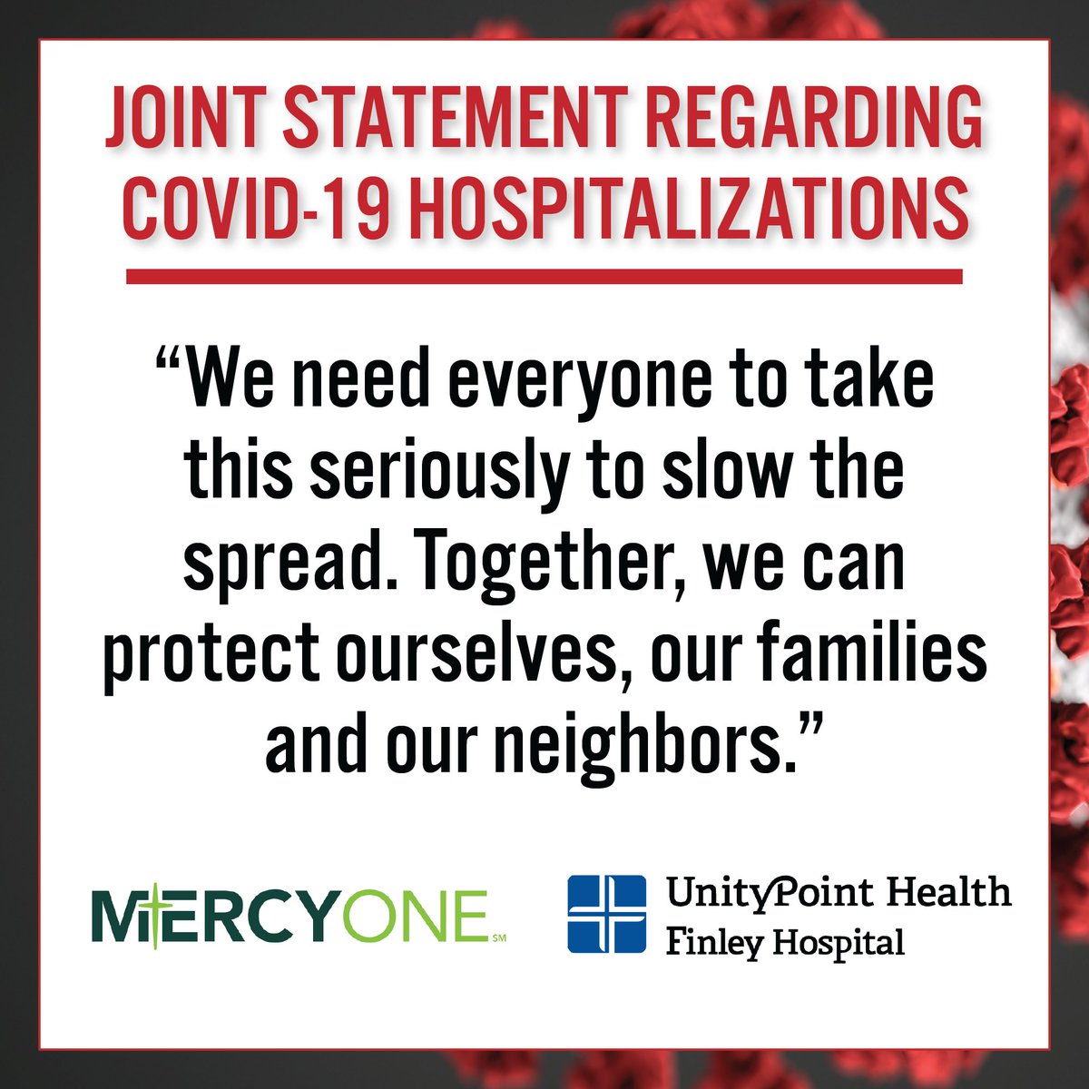 "We need everyone to take this seriously to slow the spread. Together, we can protect ourselves, our families and our neighbors."

Read the full joint statement made by <a href="/UnityPointDBQ/">UnityPoint Health - Dubuque</a> &amp; @MercyOneDubuque regarding COVID-19 hospitalizations at facebook.com/CityOfDubuque/…