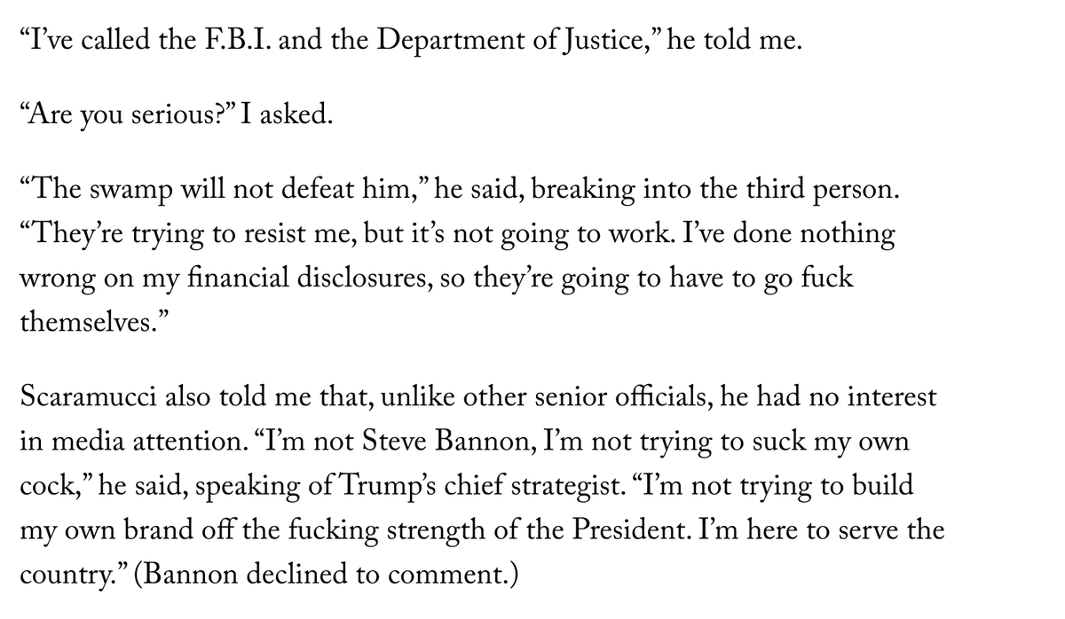 I know that  @Scaramucci has become a punch line but it's hard to do justice to how bats**t this interview with  @RyanLizza was ... and how insane it seemed at the time  https://www.newyorker.com/news/ryan-lizza/anthony-scaramucci-called-me-to-unload-about-white-house-leakers-reince-priebus-and-steve-bannon