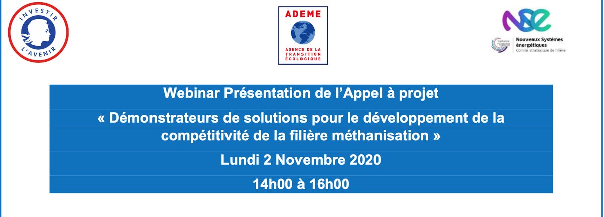 ademe's tweet photo. [#Webinaire] 📣
Vous avez un projet innovant pr valoriser &amp; développer la filière #méthanisation ? 
➡️ Participez au #webinaire de présentation de l’#AppelàProjets de l’@ademe &amp; #CSENSE !
📅 2/11
⏰ 14h à 16h
Inscriptions 👉axe-methanisation-csf@iar-pole.com https://t.co/qJhEPK91n7