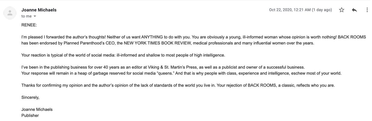 Here was her response. Now, to be clear, I didn't reject the book; I simply asked how many people of color were included in it.Look at the way that she weaponizes my youth (although I turned 35 this week and have a decade of abortion storytelling experience!) against me.