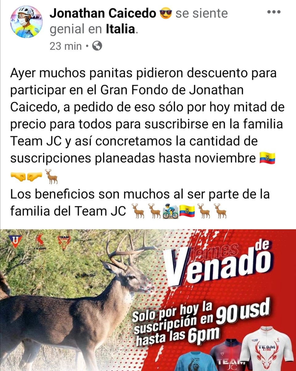 Panitas vamos a sumar al ciclismo pilas ahí al 50% sólo hasta las 6pm o hasta agotar los cupos 🇪🇨🤜🤛🦌