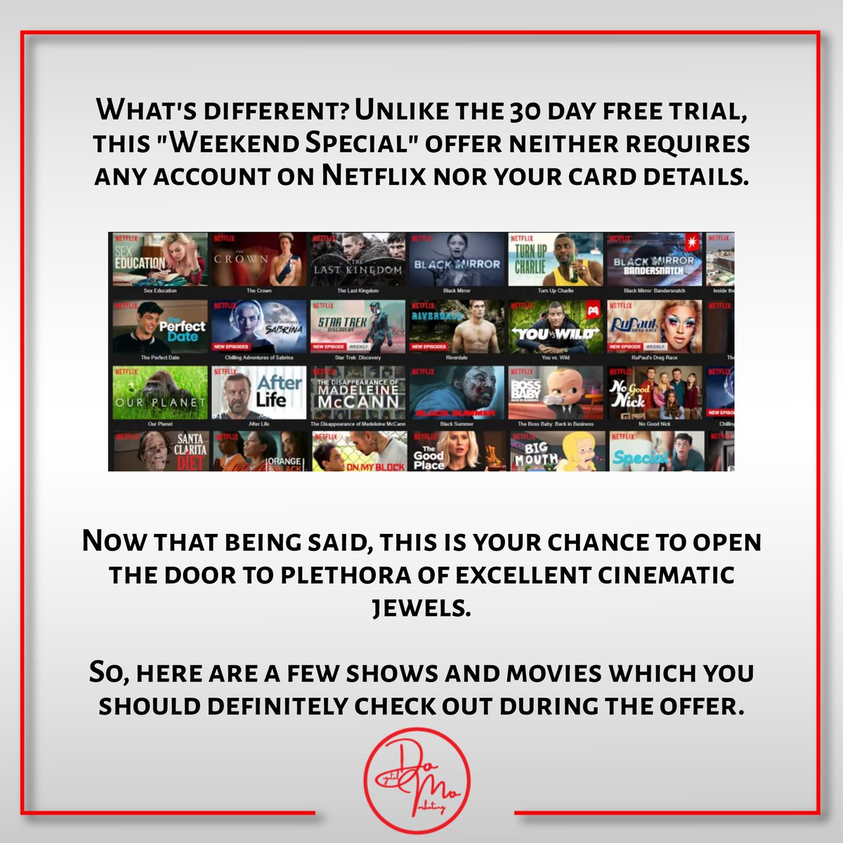 domoredigi's tweet photo. Now don't waste your efforts on pirated stuff. Stars are on your side, grab this opportunity and binge watch all your favourite shows and re-watch all your favourite movies.
@netflix @NetflixFilm
#netflix #netflixandchill #netflixmovies #netflixweekend #breakingbad #domodigi https://t.co/Waqrl8tTxA