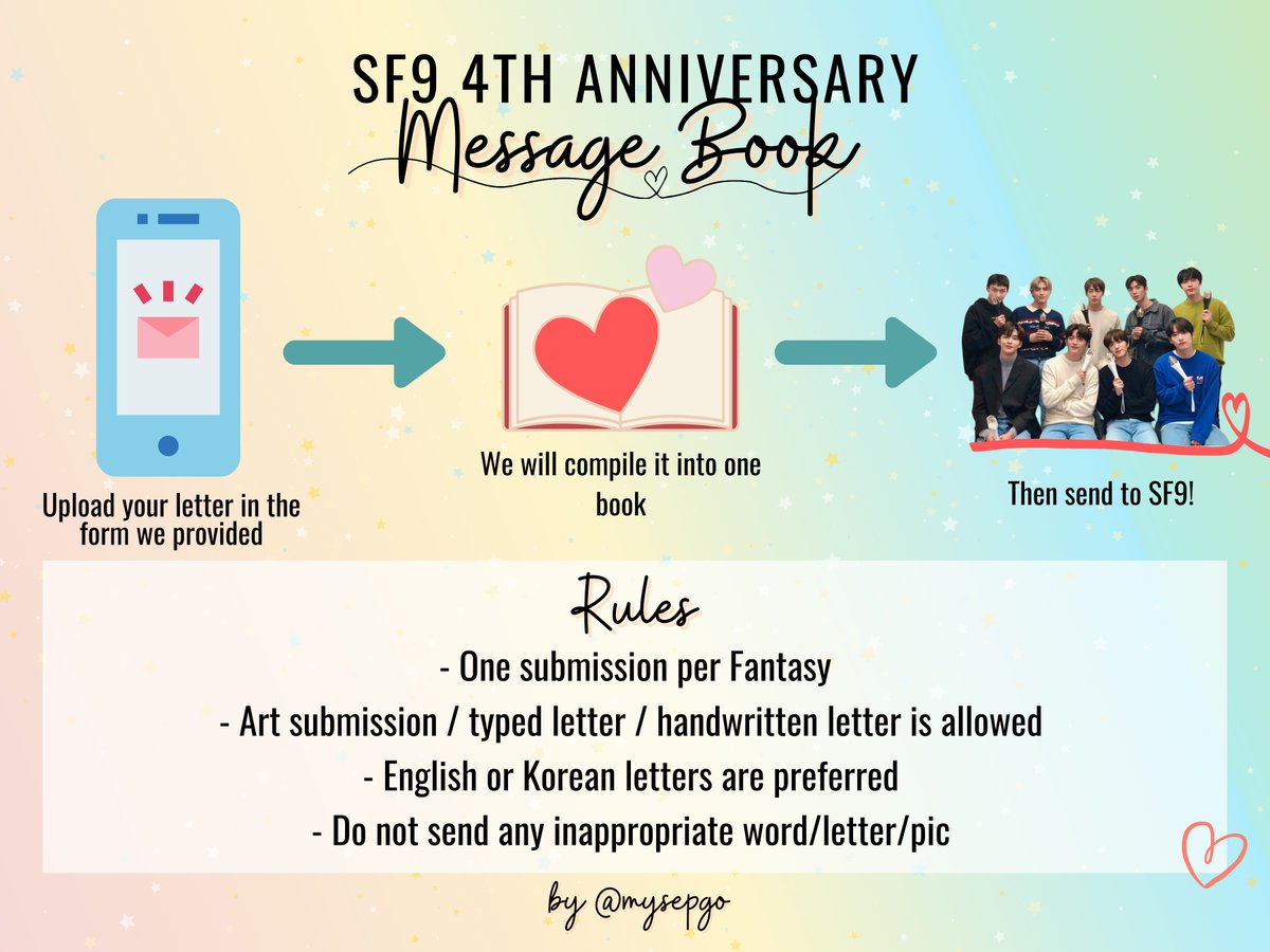 mysepgo's tweet photo. #SF9 4TH DEBUT ANNIVERSARY SPECIAL PROJECT #5

MESSAGE BOOK FOR SF9 

Every Fantasy can participate in this project! Let's send our message to them ♡   

⏰ Deadline: 31/10

🔗 Send to: https://t.co/3NlFtzyTQ1

@SF9official
#에스에프나인 
#SF9_4th_Anniversary 
#SF9데뷔4주년 https://t.co/zu7JzqdIgF