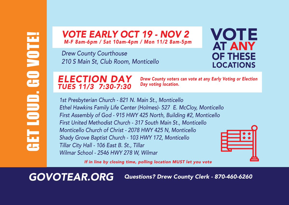 ForARPeople1's tweet photo. #DrewCounty voters, we need YOUR voice this election! 

Find Early and Election Day voting locations, times, dates, what you need to bring and info on your rights as a voter here! 👇

If you've already voted (YAY!), please share so that others can follow your example! 🇺🇸
 #arvote https://t.co/56HkE0Oion